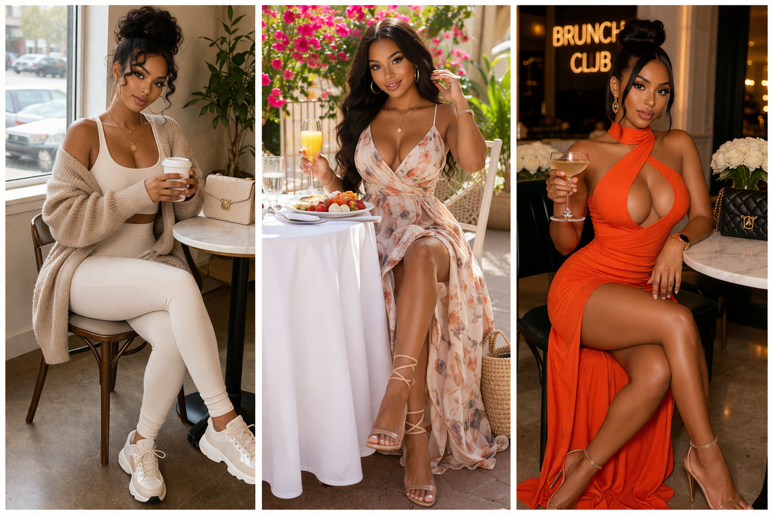 Three brunch looks featuring Trendyz Apparel-inspired looks: casual chic leggings outfit, feminine flowy dress look, and bold bodycon brunch outfit, showing effortless affordable style for every vibe.
