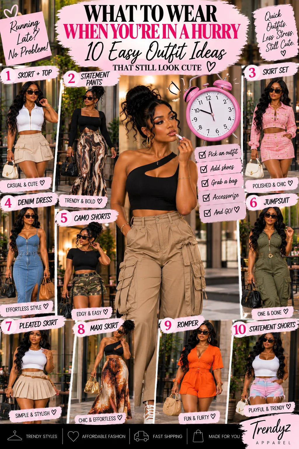 Quick and easy women’s outfit ideas featuring matching sets, jeans, dresses, jumpsuits, and wide-leg pants