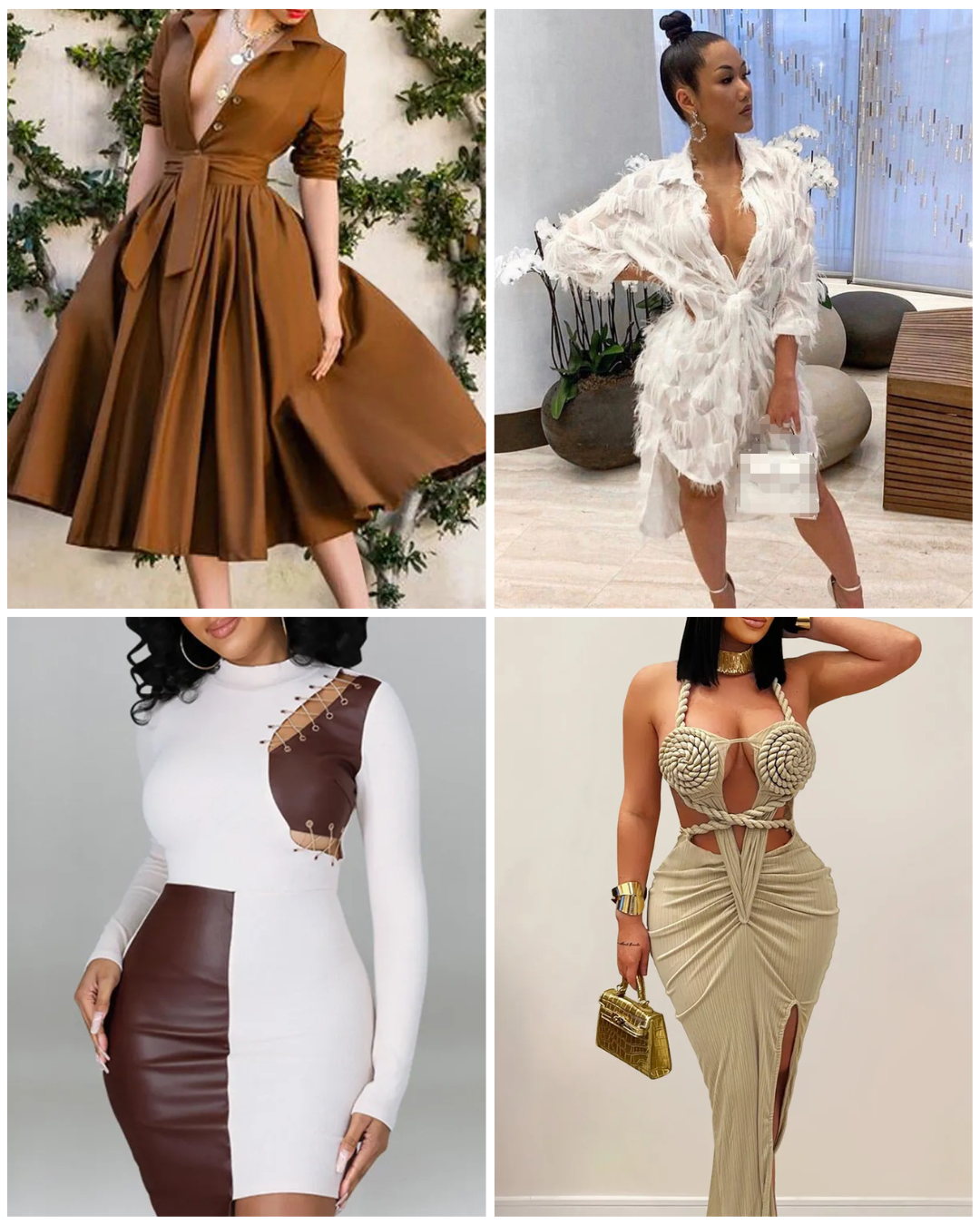 Women wearing Trendyz Apparel date night dresses including Elegant Escape Midi, Verona Feathered Midi, Asym Rift Mini Dress, and Goddess Twist Maxi Dress