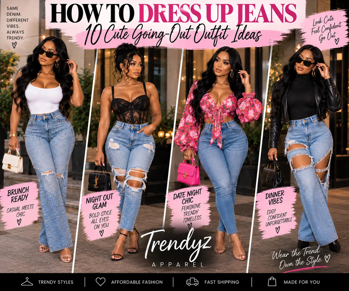 Four dressed-up women’s denim looks featuring jeans styled for brunch, date night, dinner, and girls’ night