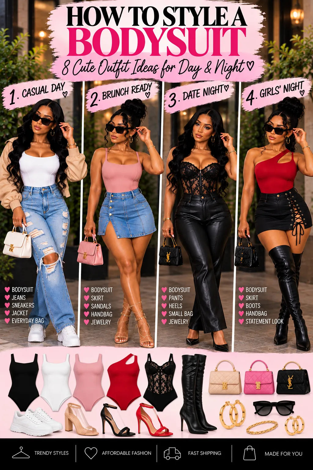 Women’s bodysuit outfit ideas styled with jeans, skirts, pants, jackets, and heels for day and night