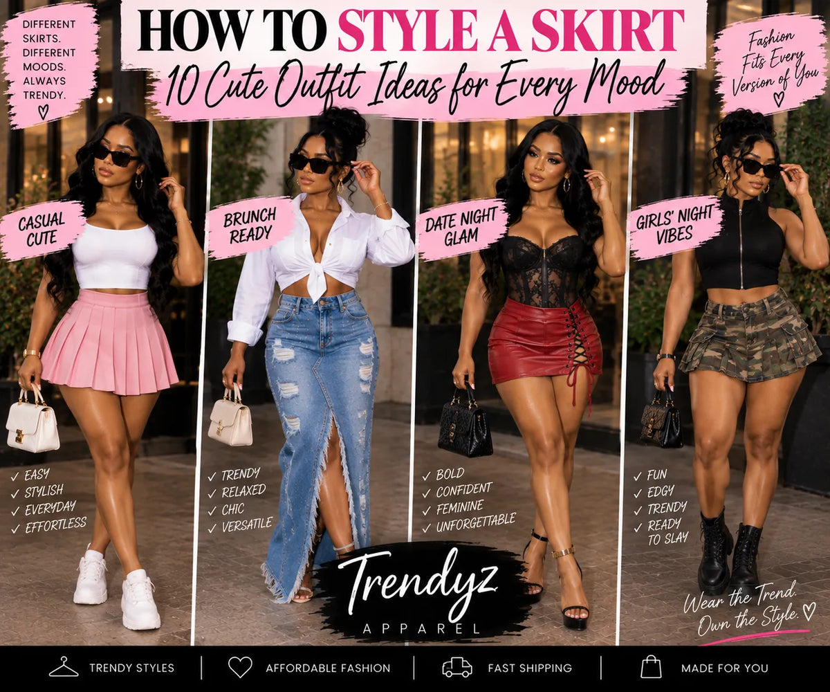 Four trendy women’s skirt outfits styled for casual, brunch, date night, and girls’ night looks