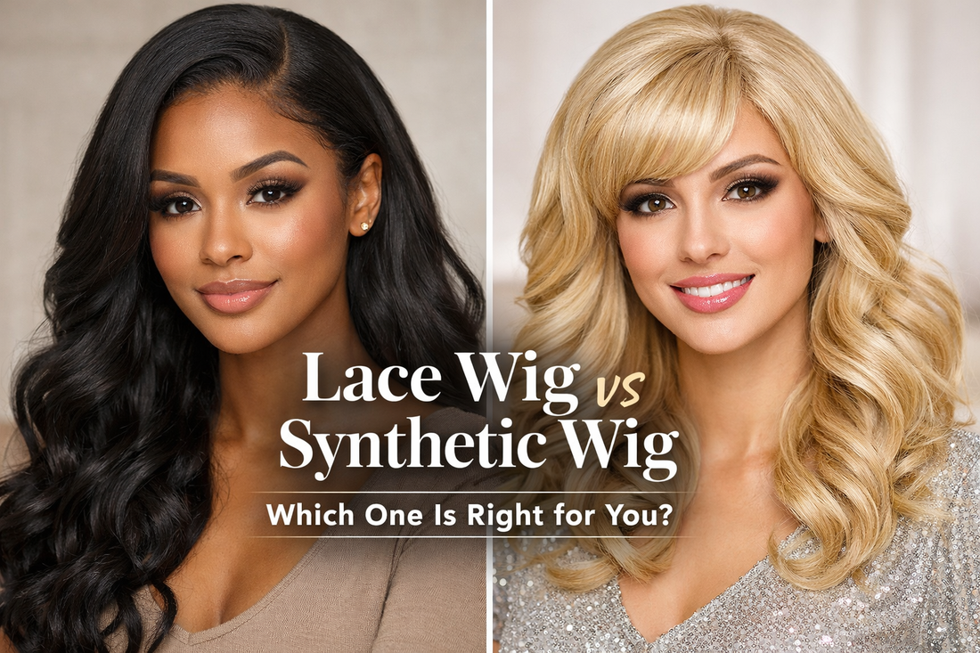 Side-by-side comparison image showing a lace front wig on the left with a natural-looking hairline and sleek styled hair, and a synthetic wig on the right with a shinier, pre-styled wavy look.