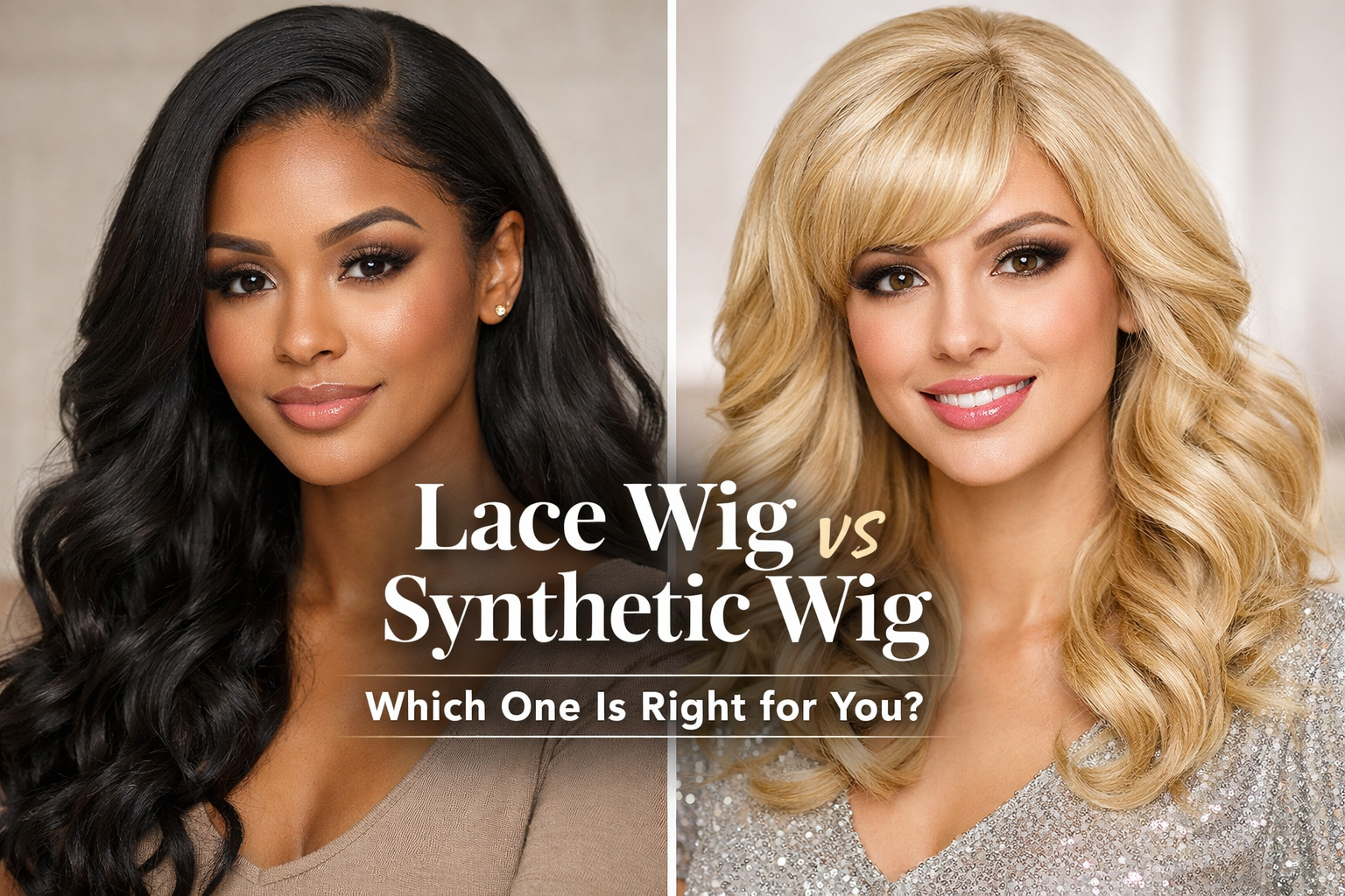 Side-by-side comparison image showing a lace front wig on the left with a natural-looking hairline and sleek styled hair, and a synthetic wig on the right with a shinier, pre-styled wavy look.
