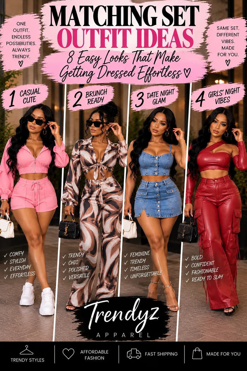 Four trendy women’s matching-set outfits styled for casual, brunch, date night, and girls’ night looks