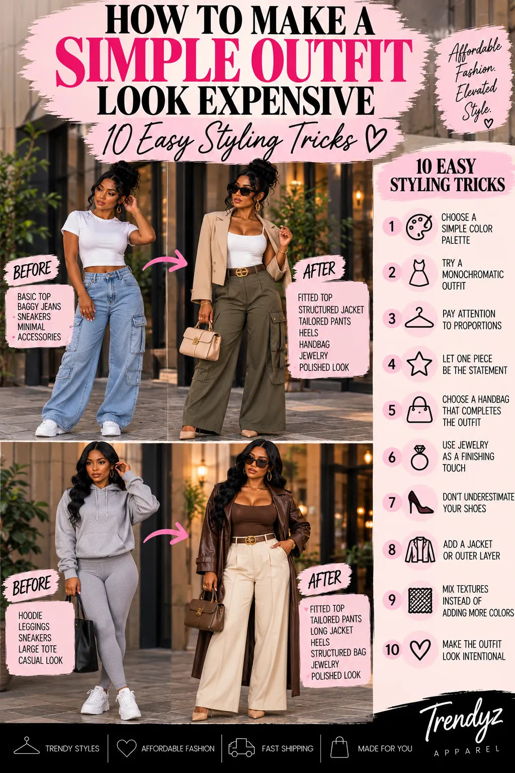 Four affordable women’s outfits styled to look polished with coordinated colors, handbags, jewelry, shoes, and layering