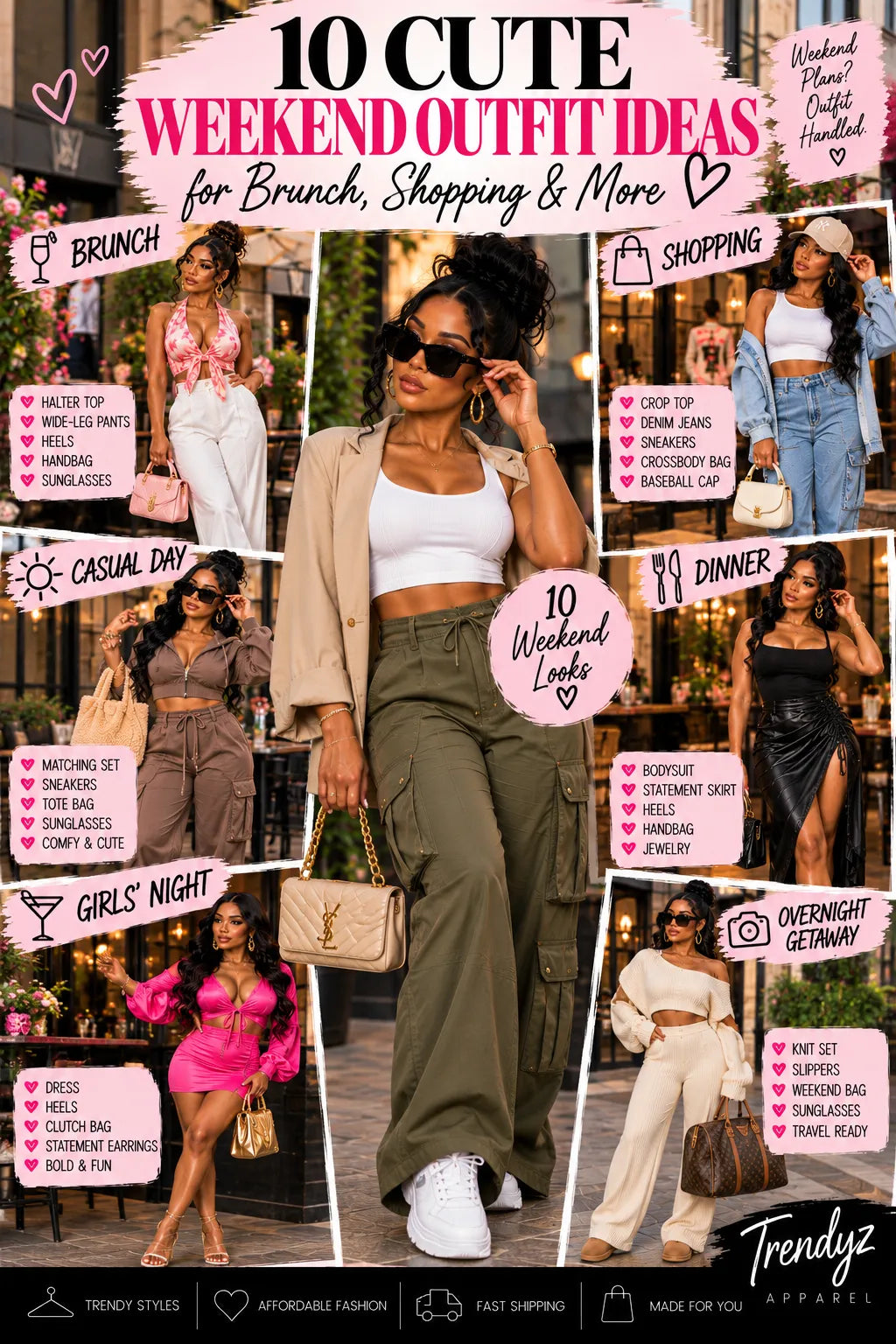 Cute women’s weekend outfits styled for brunch, shopping, casual daytime plans, dinner, and girls’ night