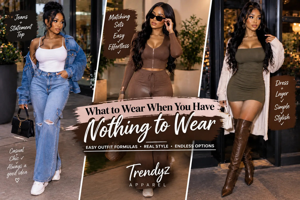 Stylish women’s outfit ideas featuring denim, matching sets, dresses, and layered looks from Trendyz Apparel