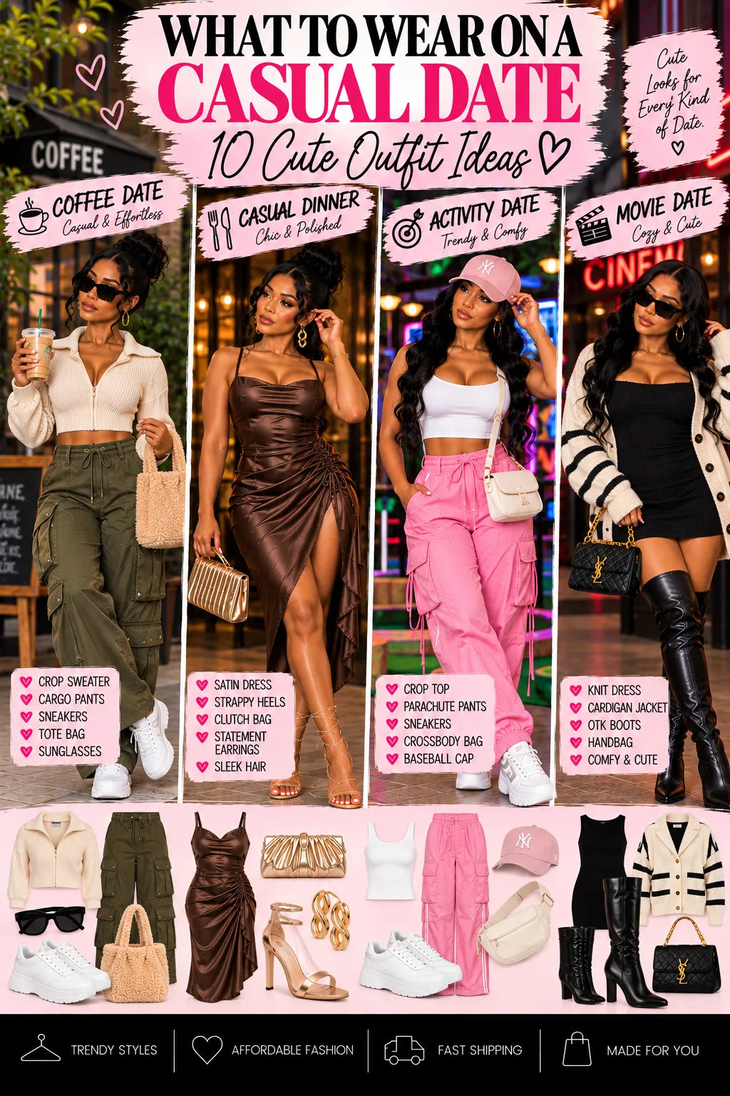 Four cute casual date outfits for coffee, dinner, movie, and activity dates featuring trendy women’s fashion