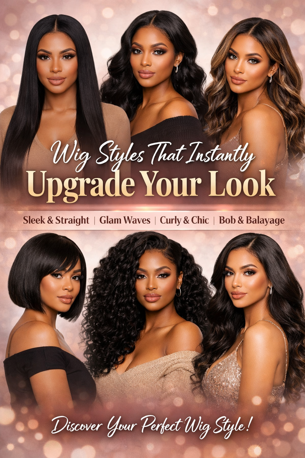 Collage featuring six women showcasing different wig styles including straight, body wave, deep curls, and bob cuts, with a glamorous pink and gold background and the title “Wig Styles That Instantly Upgrade Your Look.”