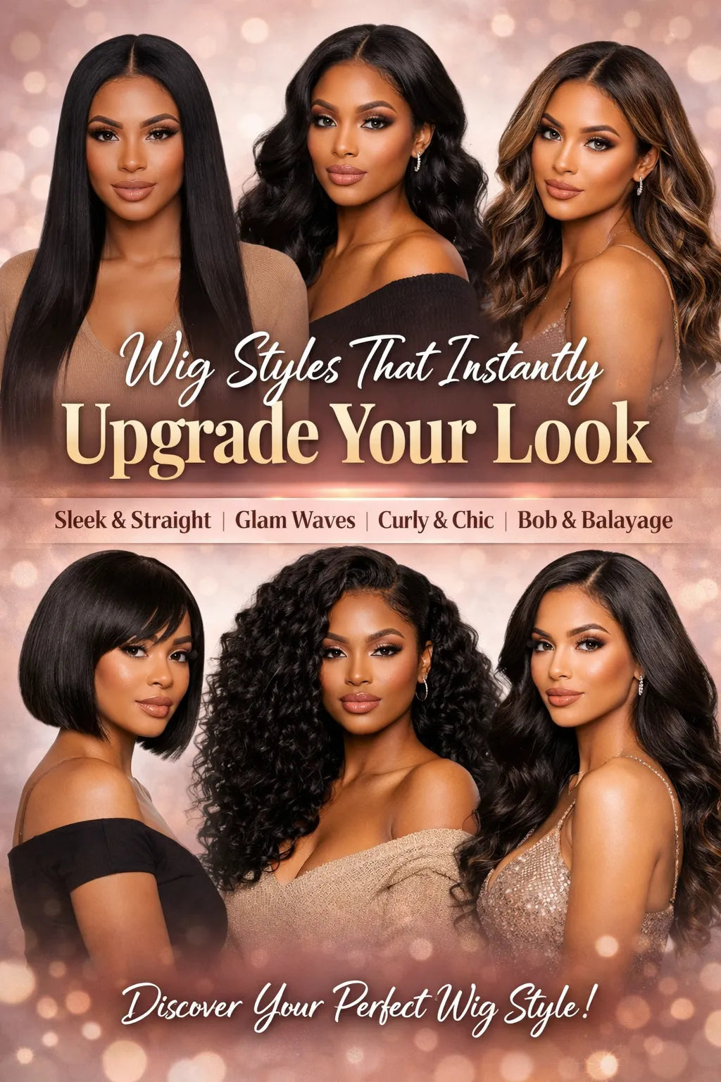 Collage featuring six women showcasing different wig styles including straight, body wave, deep curls, and bob cuts, with a glamorous pink and gold background and the title “Wig Styles That Instantly Upgrade Your Look.”