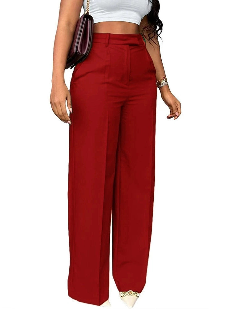 Women's wine red city chic wide leg trousers with high waist design