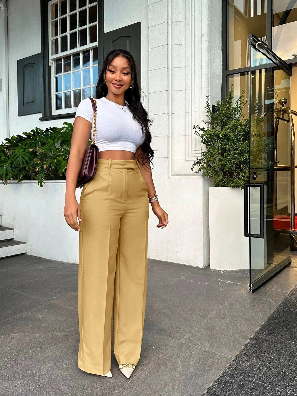 Women's mustard city chic wide leg trousers with high waist design