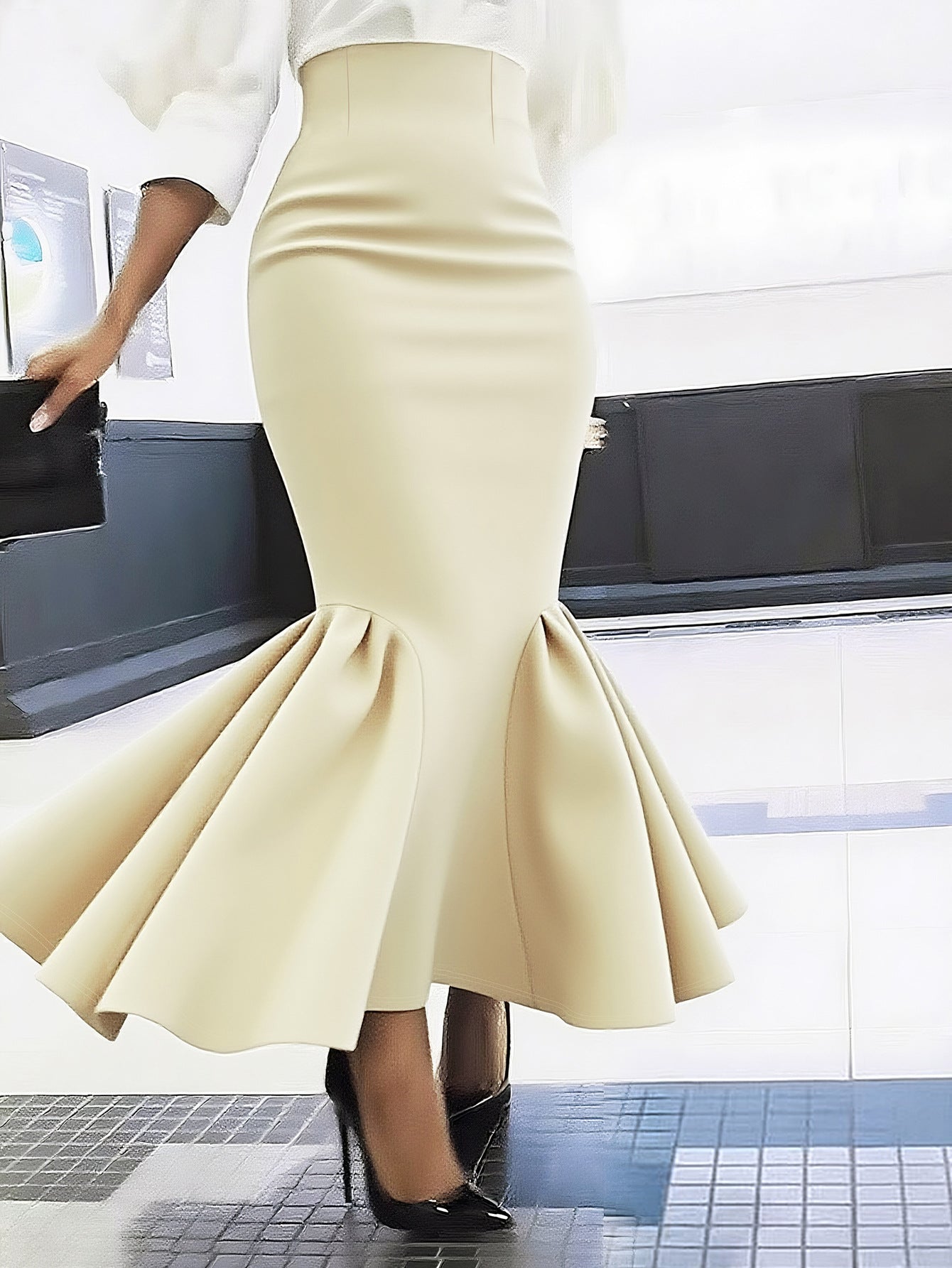 Women's Apricot Enchantress Mermaid Skirt with high waist and midi length silhouette.