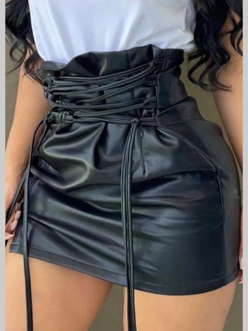 Black high-waisted faux leather mini skirt with corset-style lace-up detailing