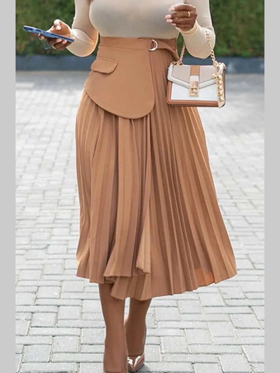 Women's khaki high-waisted pleated midi skirt with a wrap-inspired waistband, decorative flap pocket, and D-ring detail.