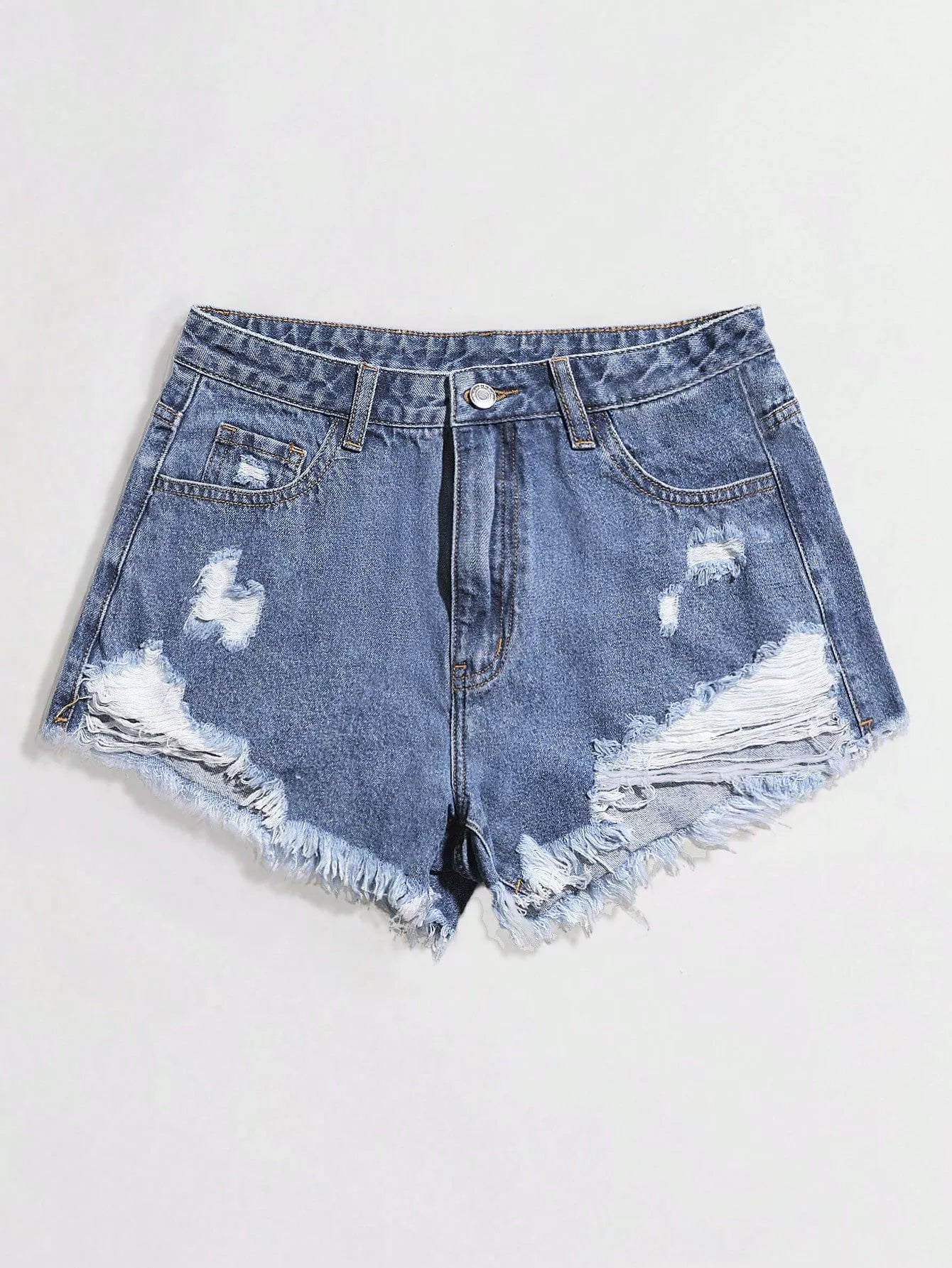 Women's dark blue Ripped Reality Denim Shorts with distressed denim and button fly closure.